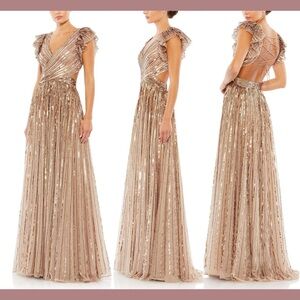 MAC DUGGAL SEQUINED CUT OUT RUFFLED CAP SLEEVE LACE UP GOWN - size 6 Like New!